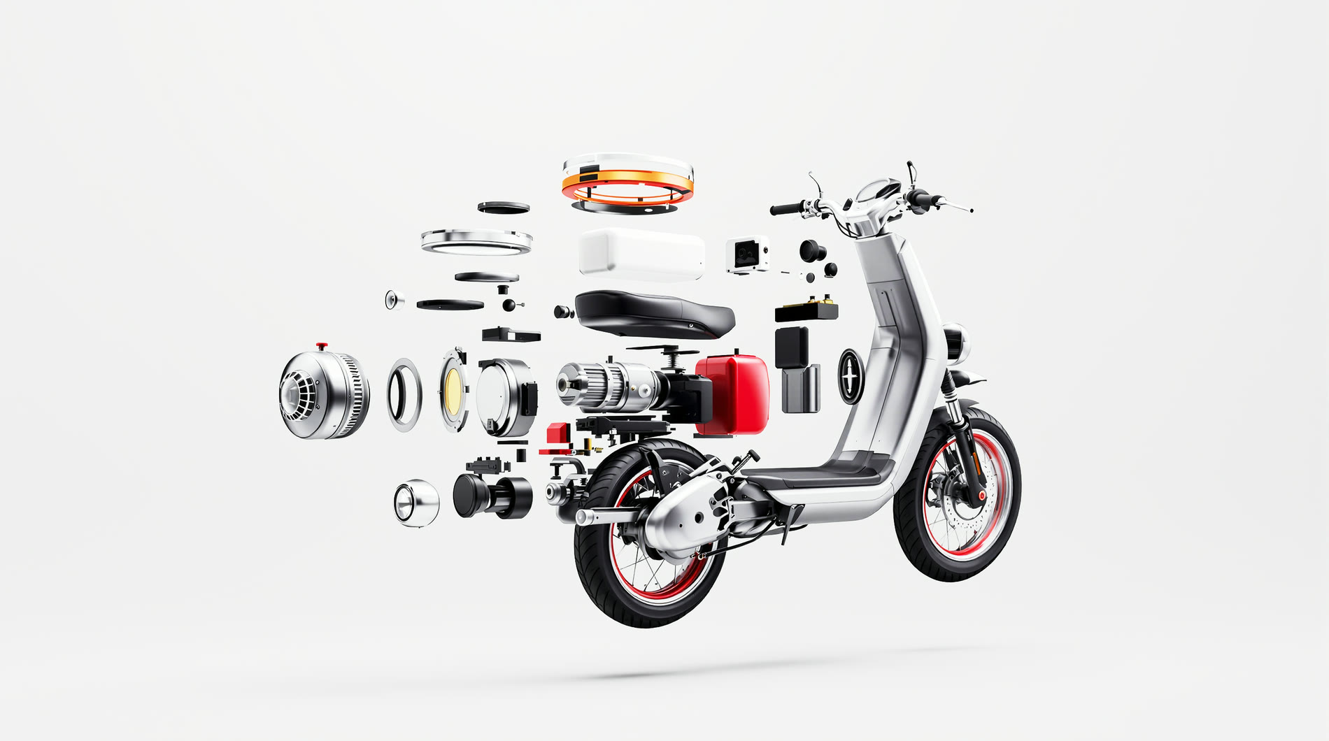 Exploded view of the moped's motor, battery, lamp, saddle, rim and handlebars.