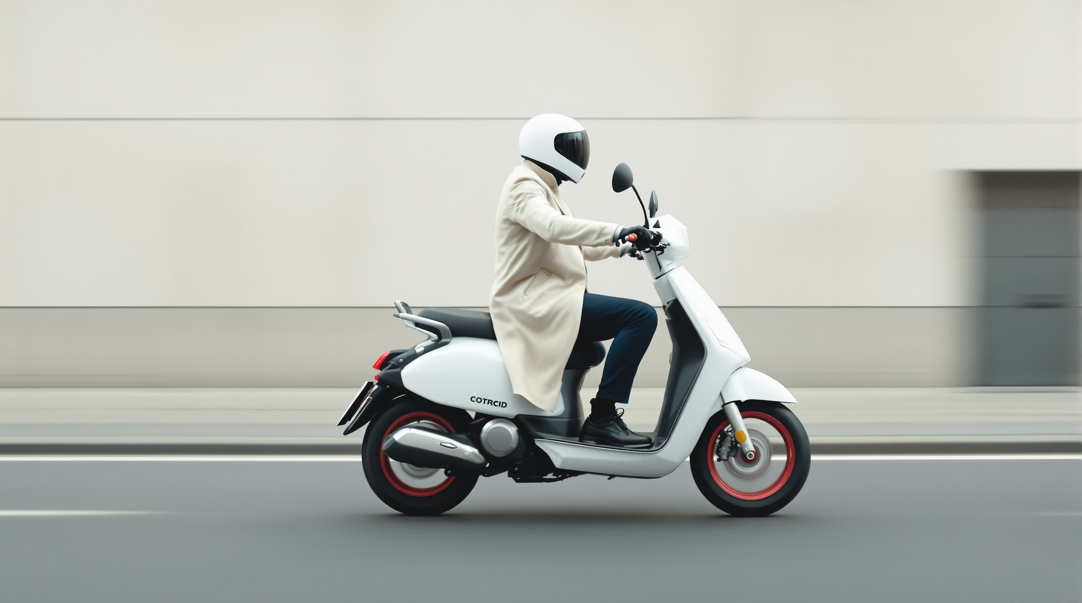 A rider in a cream coat on a white VOLTA moped in a bright city street.