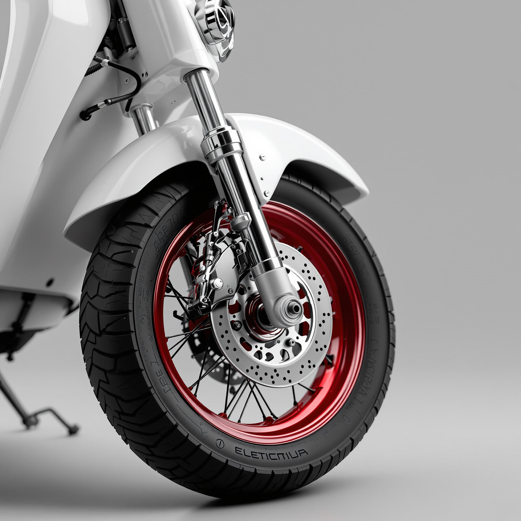 Macro of the red front rim, chrome hub and chunky tyre.