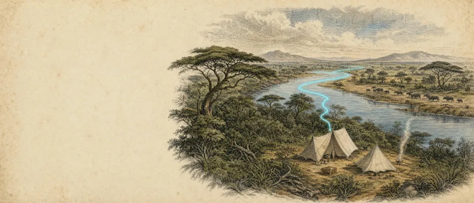 Engraved vignette of a ranger camp of two canvas tents by a river, the cyan collar line running up from the water