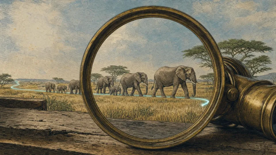 Engraved plate: a herd of elephants seen through a brass magnifier on the hide's wooden sill, the cyan collar line running through the grass
