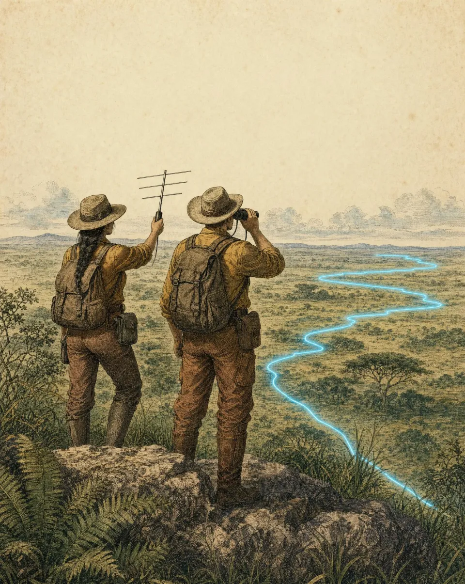 Engraved plate of two rangers seen from behind on a rock ridge, one raising a radio antenna, the other with binoculars, the cyan collar line winding across the plain below